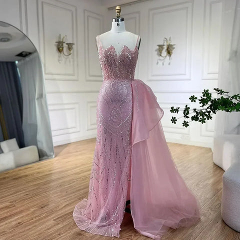 Sky Blue Spaghetti Strap Luxury Evening Dresses Gowns 2025 Mermaid Beaded Elegant Overskirt For Women Party LA72378