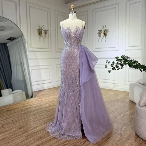 Sky Blue Spaghetti Strap Luxury Evening Dresses Gowns 2025 Mermaid Beaded Elegant Overskirt For Women Party LA72378