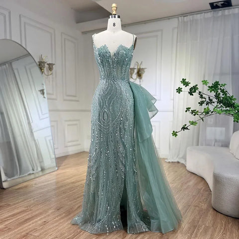 Sky Blue Spaghetti Strap Luxury Evening Dresses Gowns 2025 Mermaid Beaded Elegant Overskirt For Women Party LA72378
