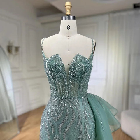 Sky Blue Spaghetti Strap Luxury Evening Dresses Gowns 2025 Mermaid Beaded Elegant Overskirt For Women Party LA72378