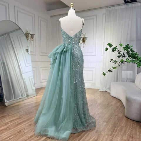 Sky Blue Spaghetti Strap Luxury Evening Dresses Gowns 2025 Mermaid Beaded Elegant Overskirt For Women Party LA72378