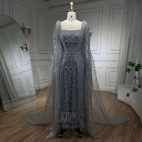 Sliver Gray Arabic Mermaid Evening Dress with Cape Feather Prom Formal Dresses for Women Wedding Party Gowns LA72334