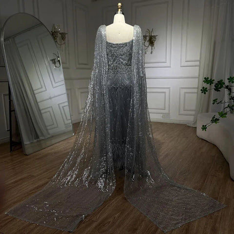 Sliver Gray Arabic Mermaid Evening Dress with Cape Feather Prom Formal Dresses for Women Wedding Party Gowns LA72334