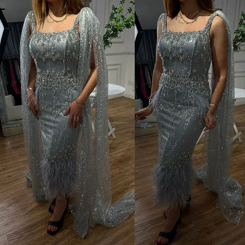 Sliver Gray Arabic Mermaid Evening Dress with Cape Feather Prom Formal Dresses for Women Wedding Party Gowns LA72334