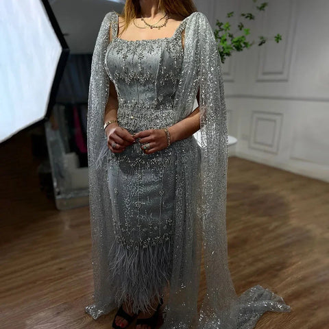 Sliver Gray Arabic Mermaid Evening Dress with Cape Feather Prom Formal Dresses for Women Wedding Party Gowns LA72334