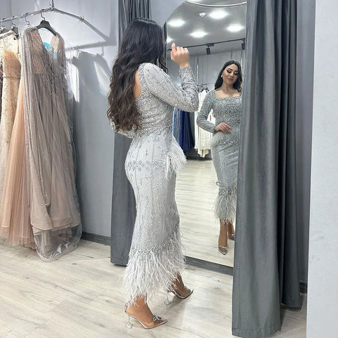 Silver Gray Mermaid Tea Length Evening Dress with Feathers LA71669L