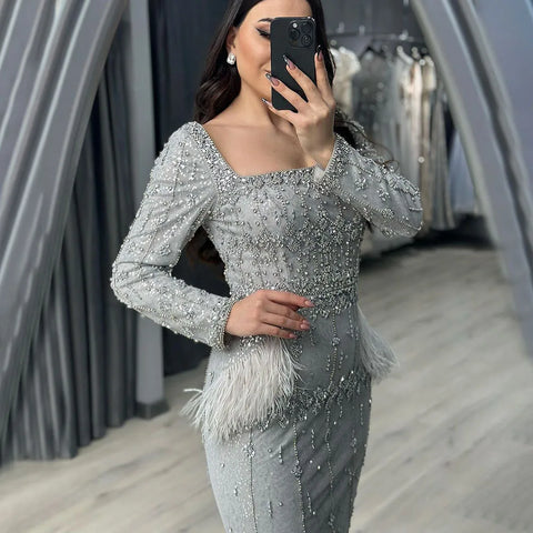 Silver Gray Mermaid Tea Length Evening Dress with Feathers LA71669L