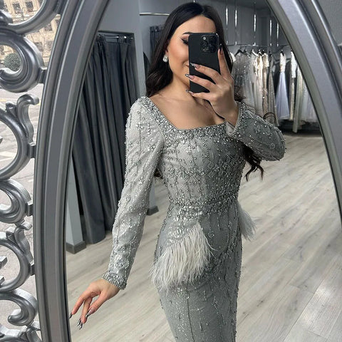 Silver Gray Mermaid Tea Length Evening Dress with Feathers LA71669L