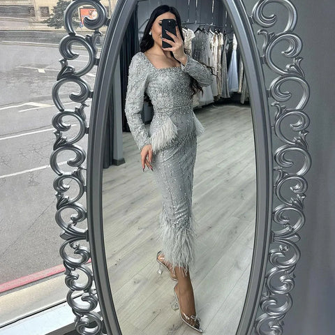 Silver Gray Mermaid Tea Length Evening Dress with Feathers LA71669L