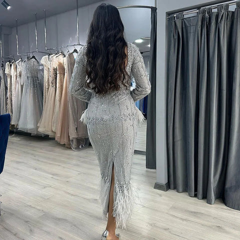 Silver Gray Mermaid Tea Length Evening Dress with Feathers LA71669L