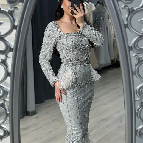 Silver Gray Mermaid Tea Length Evening Dress with Feathers LA71669L