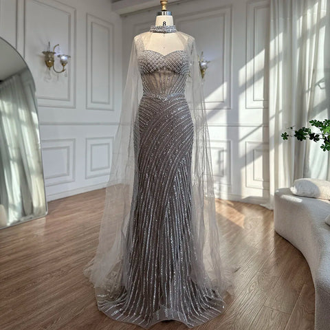 Spaghetti Strap Long Nude Mermaid  Beaded  Cape With Sleeves Evening Dresses Gowns 2025 LA72860