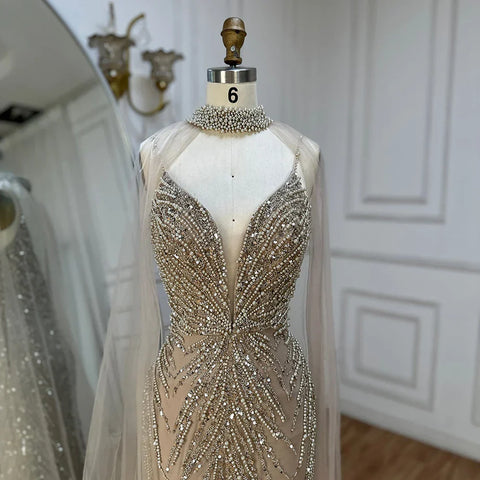 Spaghetti Strap Long Cloak Mermaid Caramel Beaded  Luxury Evening Dresses Gowns for Women's Party 2025 LA72768