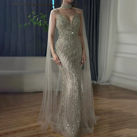 Spaghetti Strap Long Cloak Mermaid Caramel Beaded  Luxury Evening Dresses Gowns for Women's Party 2025 LA72768