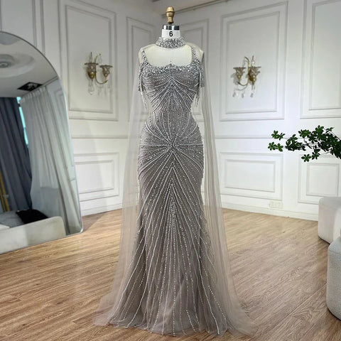 Spaghetti Strap Long Cloak Mermaid Silver Nude Beaded  Luxury Evening Dresses Gowns for Women's Party 2025 LA72587