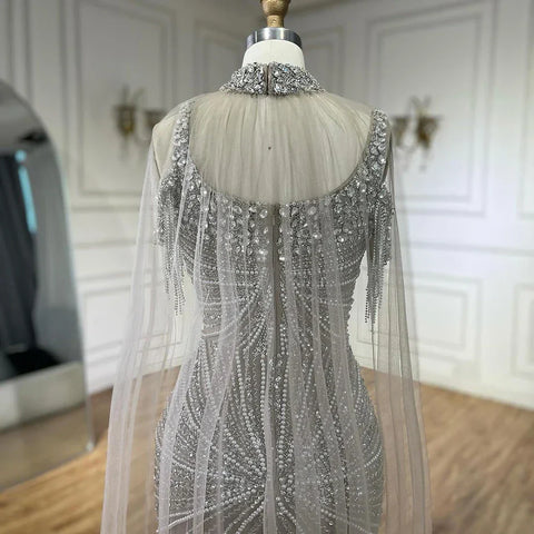 Spaghetti Strap Long Cloak Mermaid Silver Nude Beaded  Luxury Evening Dresses Gowns for Women's Party 2025 LA72587