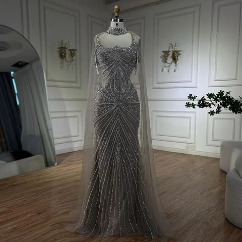 Spaghetti Strap Long Cloak Mermaid Silver Nude Beaded  Luxury Evening Dresses Gowns for Women's Party 2025 LA72587