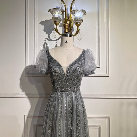 Taupe Luxury Short Sleeves Evening Dresses Gowns 2025 Beaded A-Line For Women WeddingParty LA71551