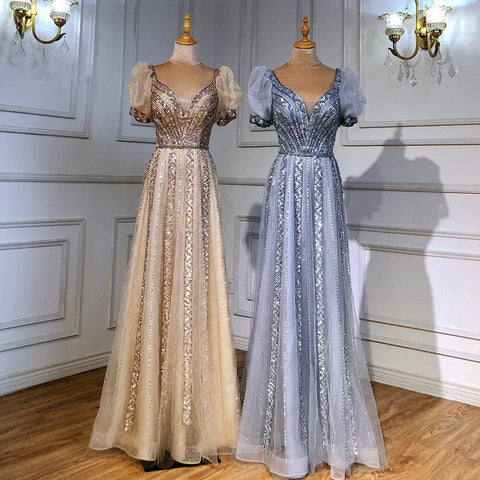 Taupe Luxury Short Sleeves Evening Dresses Gowns 2025 Beaded A-Line For Women WeddingParty LA71551