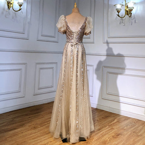 Taupe Luxury Short Sleeves Evening Dresses Gowns 2025 Beaded A-Line For Women WeddingParty LA71551