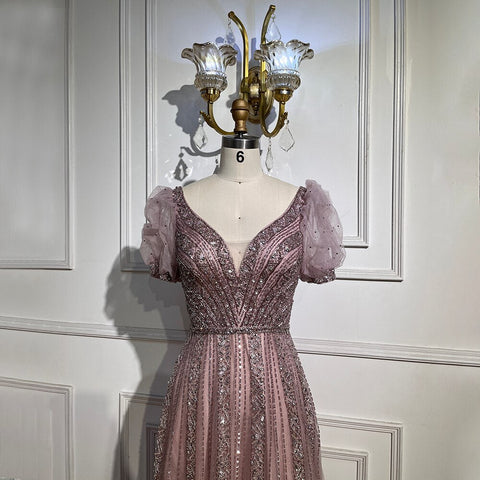 Taupe Luxury Short Sleeves Evening Dresses Gowns 2025 Beaded A-Line For Women WeddingParty LA71551