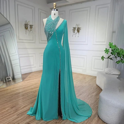 Turquoi Mermaid Evening Dresses Gowns 2025 High Split With Cape Sleeves Beaded For Women Wedding Party LA72101