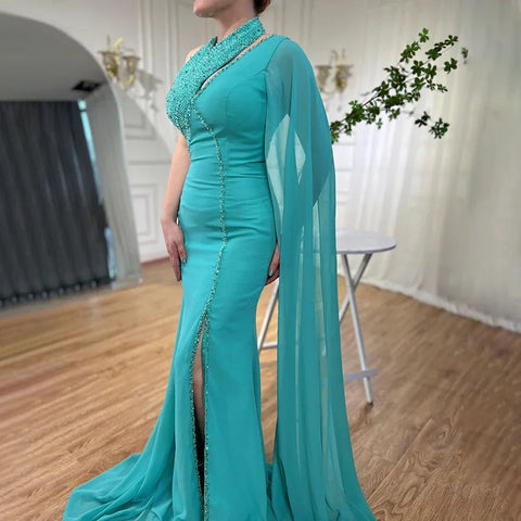 Turquoi Mermaid Evening Dresses Gowns 2025 High Split With Cape Sleeves Beaded For Women Wedding Party LA72101