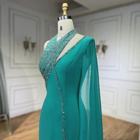 Turquoi Mermaid Evening Dresses Gowns 2025 High Split With Cape Sleeves Beaded For Women Wedding Party LA72101