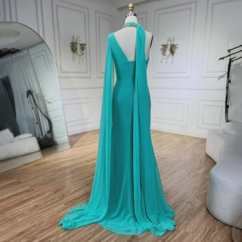 Turquoi Mermaid Evening Dresses Gowns 2025 High Split With Cape Sleeves Beaded For Women Wedding Party LA72101