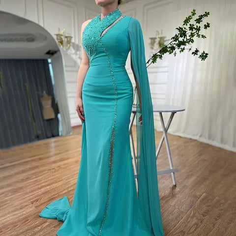 Turquoi Mermaid Evening Dresses Gowns 2025 High Split With Cape Sleeves Beaded For Women Wedding Party LA72101
