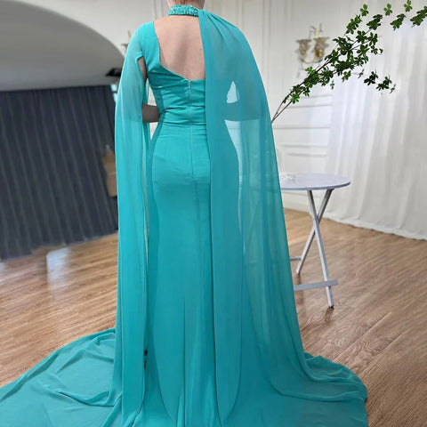 Turquoi Mermaid Evening Dresses Gowns 2025 High Split With Cape Sleeves Beaded For Women Wedding Party LA72101
