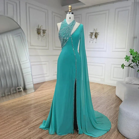 Turquoi Mermaid Evening Dresses Gowns 2025 High Split With Cape Sleeves Beaded For Women Wedding Party LA72101