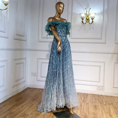 On Sale no return no refund Turquoise A-Line Luxury Evening Dresses Gowns 2025 Feather Beaded Sweetheart For Women Party LA71497