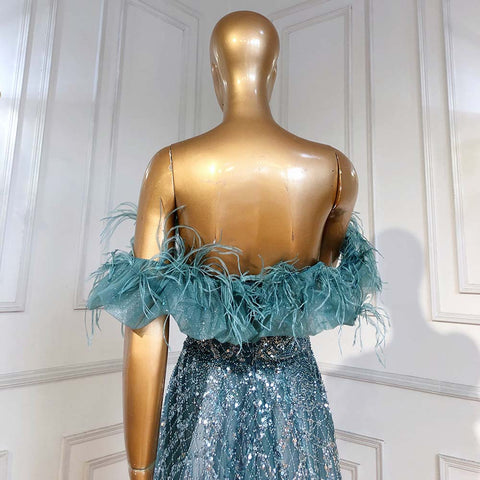 On Sale no return no refund Turquoise A-Line Luxury Evening Dresses Gowns 2025 Feather Beaded Sweetheart For Women Party LA71497
