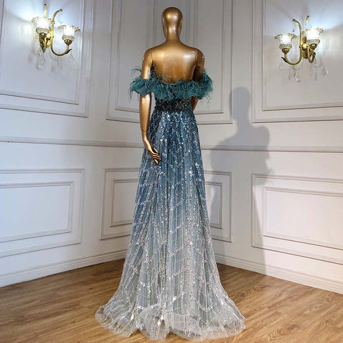 On Sale no return no refund Turquoise A-Line Luxury Evening Dresses Gowns 2025 Feather Beaded Sweetheart For Women Party LA71497