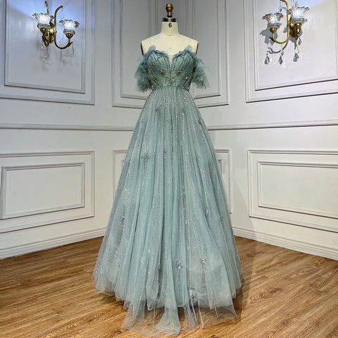 Turquoise Arabic A Line For Wedding Long Luxury 20253 Hand Made Beaded Formal Prom Dress Party Gown LA72064