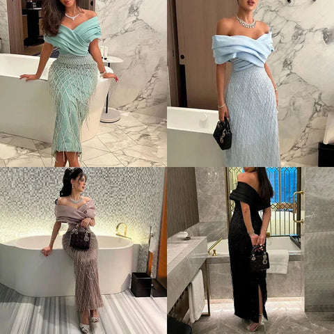 Elegant Off Shoulder Sage Green Dubai Evening Dresses for Women LA72125