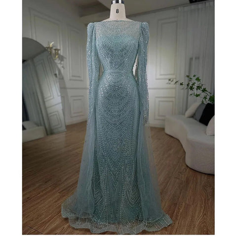 Turquoise Cape Sleeves Luxury Beaded Mermaid Arabic Evening Dresses Gowns For Women Wedding Party 2025 LA72185