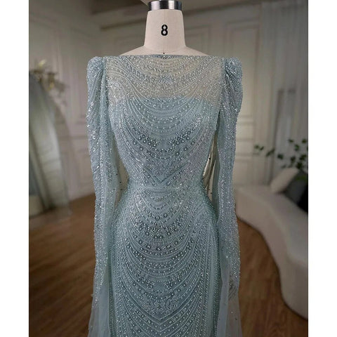 Turquoise Cape Sleeves Luxury Beaded Mermaid Arabic Evening Dresses Gowns For Women Wedding Party 2025 LA72185