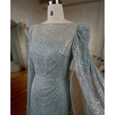 Turquoise Cape Sleeves Luxury Beaded Mermaid Arabic Evening Dresses Gowns For Women Wedding Party 2025 LA72185