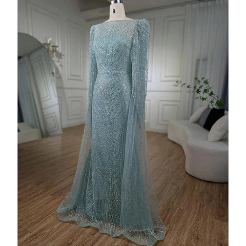 Turquoise Cape Sleeves Luxury Beaded Mermaid Arabic Evening Dresses Gowns For Women Wedding Party 2025 LA72185