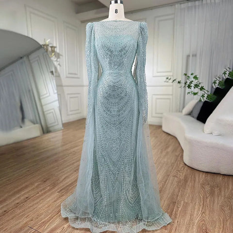 Turquoise Cape Sleeves Luxury Beaded Mermaid Arabic Evening Dresses Gowns For Women Wedding Party 2025 LA72185