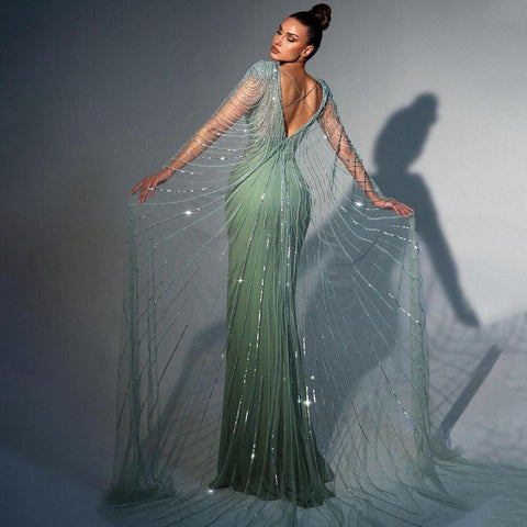 Turquoise Cape Sleeves Luxury Beaded Mermaid High Split Evening Dresses For Women Wedding Party Gowns 2025  LA72089