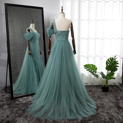 Turquoise High Split Sexy Luxury Beaded 2025 For Woman Party Evening Dresses Gowns Mermaid Elegant  LA71651