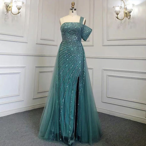 Turquoise High Split Sexy Luxury Beaded 2025 For Woman Party Evening Dresses Gowns Mermaid Elegant  LA71651