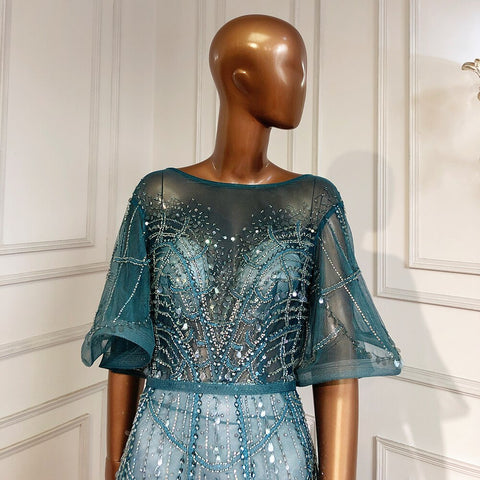 Turquoise Long Flare Sleeves Evening Dresses Gowns 2025 A-Line Luxury Beaded For Women Party LA70822