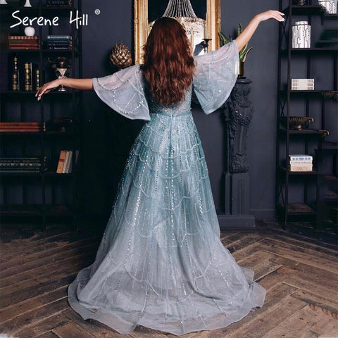Turquoise Long Flare Sleeves Evening Dresses Gowns 2025 A-Line Luxury Beaded For Women Party LA70822