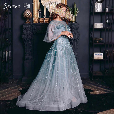 Turquoise Long Flare Sleeves Evening Dresses Gowns 2025 A-Line Luxury Beaded For Women Party LA70822