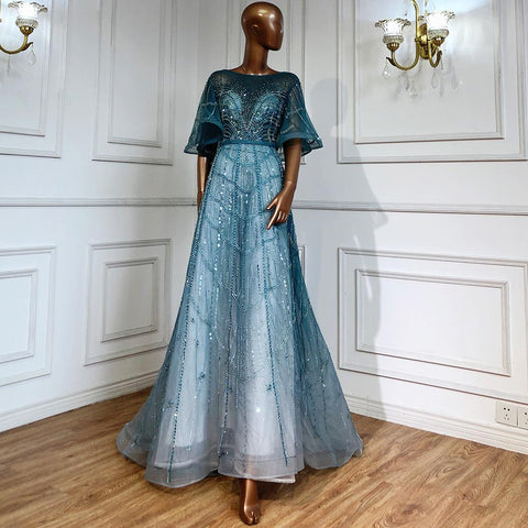 Turquoise Long Flare Sleeves Evening Dresses Gowns 2025 A-Line Luxury Beaded For Women Party LA70822