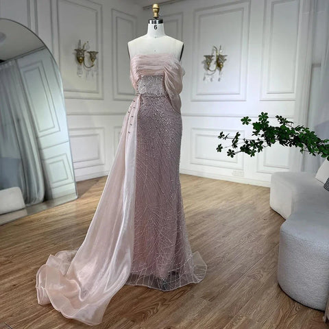 Turquoise Luxury Evening Dress Side Train Pearls One Shoulder for Women's Formal  Wedding Party Gowns LA72523